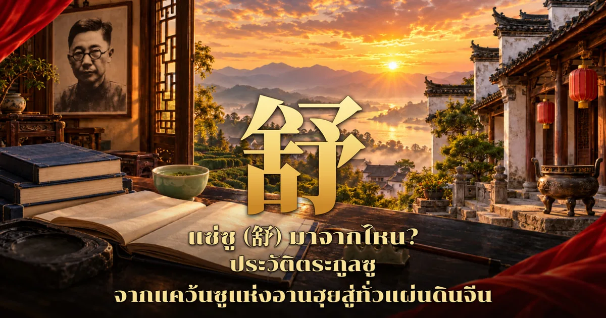 ภาพปกอักษร 舒 สีทองตัวใหญ่ ด้านซ้ายเป็นโต๊ะไม้มีหนังสือเปิดและกองหนังสือ ถ้วยชาเขียว แท่นฝนหมึก ผนังแขวนภาพขาวดำชายสวมแว่นกรอบกลม ด้านขวาเป็นหมู่บ้านบ้านผนังขาวหลังคาเทาแขวนโคมแดง กระถางธูปสำริด ฉากหลังเป็นทิวเขา สวนชา และแม่น้ำยามพระอาทิตย์ตก พร้อมข้อความ แซ่ซู (舒) มาจากไหน? ประวัติตระกูลซู จากแคว้นซูแห่งอานฮุยสู่ทั่วแผ่นดินจีน