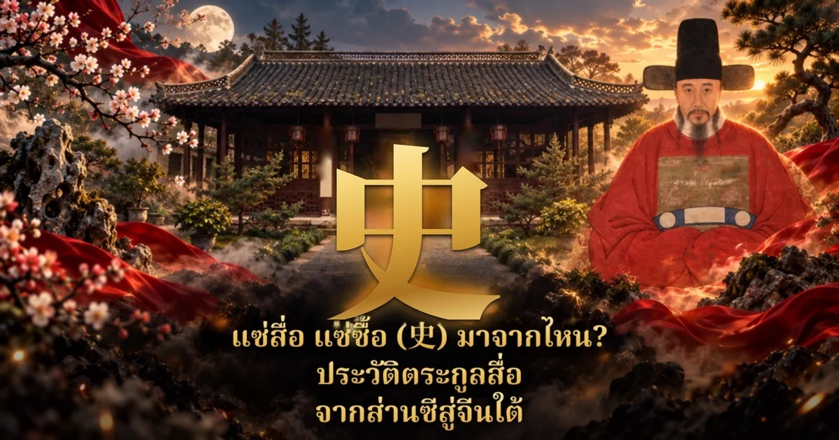อักษรทอง 史 ตัวใหญ่หน้าศาลบรรพชนจีนยามพระอาทิตย์ตก มีดอกเหมย ผ้าแดง และพระจันทร์ ด้านขวาเป็นภาพวาดขุนนางสวมหมวกปีกสีดำชุดแดง พร้อมข้อความ แซ่สื่อ แซ่ซื้อ (史) มาจากไหน? ประวัติตระกูลสื่อ จากส่านซีสู่จีนใต้