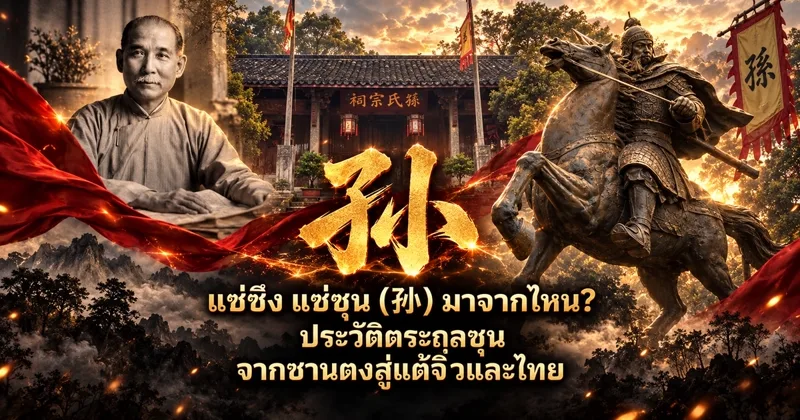 ภาพปกอักษร 孙 สีทองขนาดใหญ่ตรงกลาง ซ้ายเป็นภาพขาวดำ ดร.ซุนยัตเซ็นนั่งที่โต๊ะ ขวาเป็นรูปปั้นสำริดนักรบบนหลังม้ายกขาหน้า ฉากหลังศาลบรรพชนที่มีป้าย 孫氏宗祠 ธงสีแดงเขียนอักษร 孫 และแถบผ้าแดง พร้อมข้อความ แซ่ซึง แซ่ซุน (孙) มาจากไหน? ประวัติตระกูลซุน จากซานตงสู่แต้จิ๋วและไทย