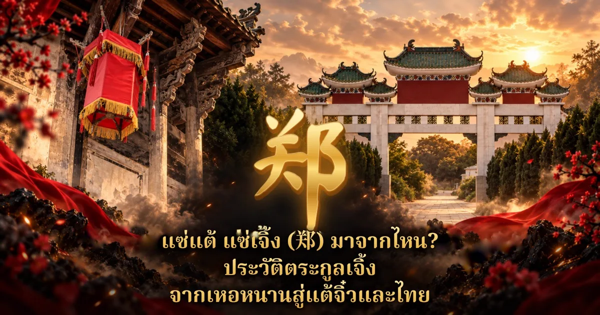 ภาพปกวาดประกอบ ซุ้มประตูหินสีขาวหลังคากระเบื้องเขียวเหนือทางเดินระหว่างแถวต้นไม้ยามอาทิตย์ตก อาคารจีนโบราณแขวนโคมแดงทางซ้าย อักษรจีนสีทอง 郑 ตรงกลาง และข้อความ แซ่แต้ แซ่เจิ้ง (郑) มาจากไหน? ประวัติตระกูลเจิ้ง จากเหอหนานสู่แต้จิ๋วและไทย