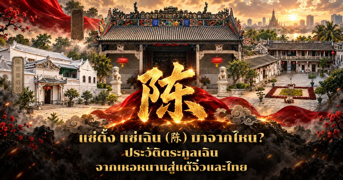 ภาพปกอักษร 陈 สีทองบนผ้าแดง ด้านหลังเป็นหอบรรพชนจีนที่มีสิงโตหินคู่และคฤหาสน์จีนสีขาว ไกลออกไปเป็นเมืองกรุงเทพฯ ยามเย็น พร้อมข้อความแซ่ตั้ง แซ่เฉิน (陈) มาจากไหน