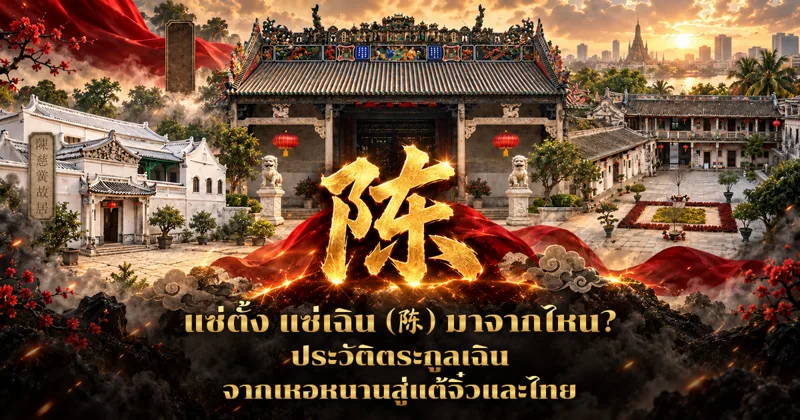 ภาพปกอักษร 陈 สีทองบนผ้าแดง ด้านหลังเป็นหอบรรพชนจีนที่มีสิงโตหินคู่และคฤหาสน์จีนสีขาว ไกลออกไปเป็นเมืองกรุงเทพฯ ยามเย็น พร้อมข้อความแซ่ตั้ง แซ่เฉิน (陈) มาจากไหน