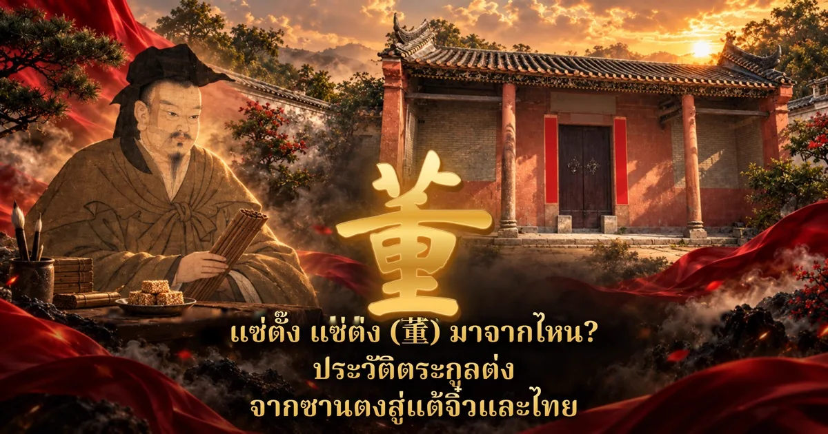 ภาพประกอบนักปราชญ์จีนโบราณในชุดสีน้ำตาลถือม้วนไม้ไผ่ ข้างจานขนมงา ตัวอักษรทอง 董 กลางภาพ ข้างศาลบรรพชนอิฐแดงยามอาทิตย์ตก พร้อมข้อความ แซ่ตั๊ง แซ่ต่ง (董) มาจากไหน? ประวัติตระกูลต่ง จากซานตงสู่แต้จิ๋วและไทย