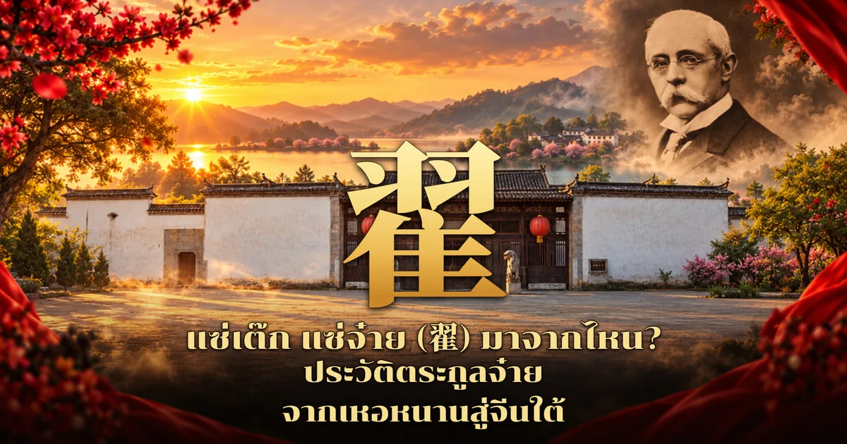 ภาพปกอักษร 翟 สีทองตัวใหญ่กลางภาพ ด้านหลังเป็นศาลบรรพชนกำแพงขาวหลังคากระเบื้องเทา ประตูไม้สีเข้มแขวนโคมแดง ฉากทะเลสาบและภูเขายามพระอาทิตย์ตก มุมขวาบนเป็นภาพถ่ายโทนซีเปียชายชราชาวตะวันตกสวมแว่นไว้หนวดขาว ขอบภาพมีดอกไม้แดง พร้อมข้อความ แซ่เต๊ก แซ่จ๋าย (翟) มาจากไหน? ประวัติตระกูลจ๋าย จากเหอหนานสู่จีนใต้
