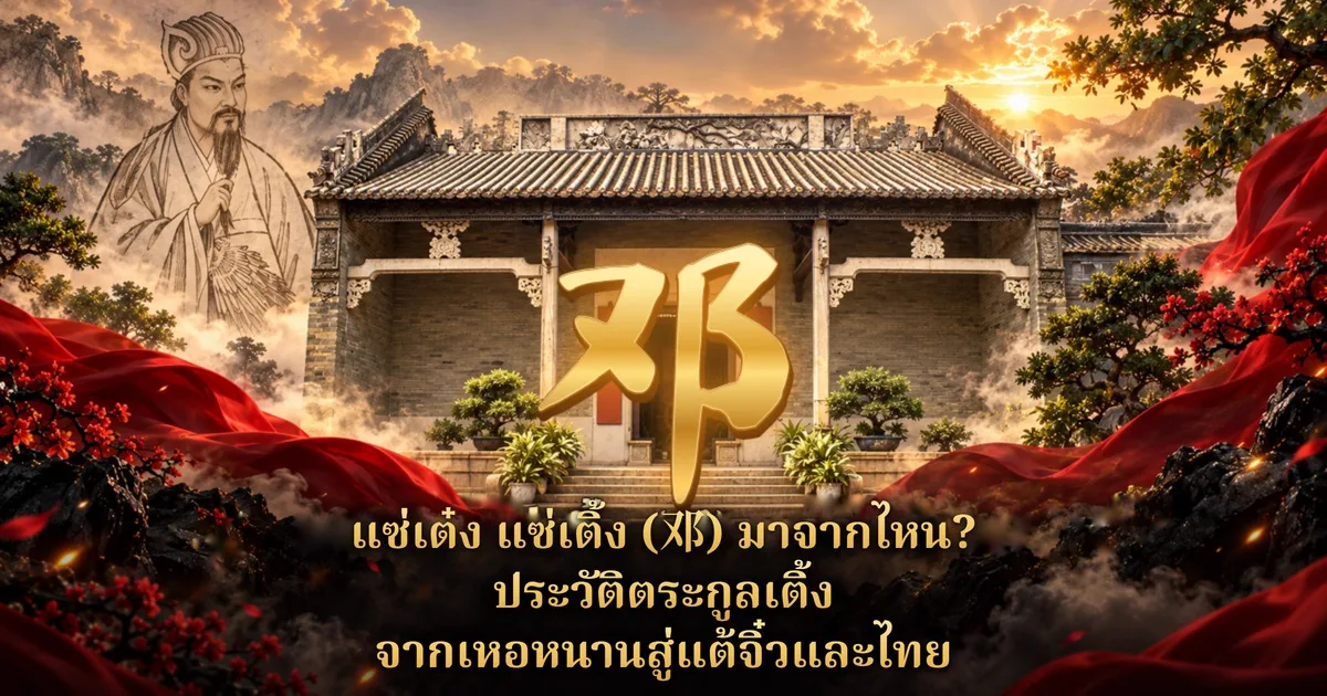 ภาพปกแซ่เต๋ง แซ่เติ้ง (邓) ตัวอักษร 邓 สีทองกลางภาพ ด้านหลังเป็นศาลบรรพชนจีนหลังคากระเบื้อง มีภาพร่างบุรุษโบราณถือพัดอยู่มุมซ้าย ผ้าแดงและต้นไม้ดอกแดงล้อมรอบ พร้อมข้อความ แซ่เต๋ง แซ่เติ้ง (邓) มาจากไหน
