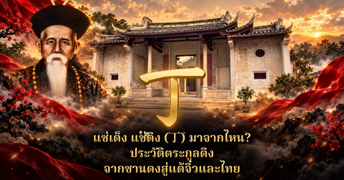 ภาพปกบทความแซ่เต็ง แซ่ติง (丁) ภาพวาดขุนนางชราหนวดเคราขาวสวมหมวกแบบราชวงศ์ชิงทางซ้าย ศาลบรรพชนจีนหลังคาโค้งตรงกลาง อักษร 丁 สีทองขนาดใหญ่ และข้อความไทยว่า แซ่เต็ง แซ่ติง (丁) มาจากไหน? ประวัติตระกูลติง จากซานตงสู่แต้จิ๋วและไทย