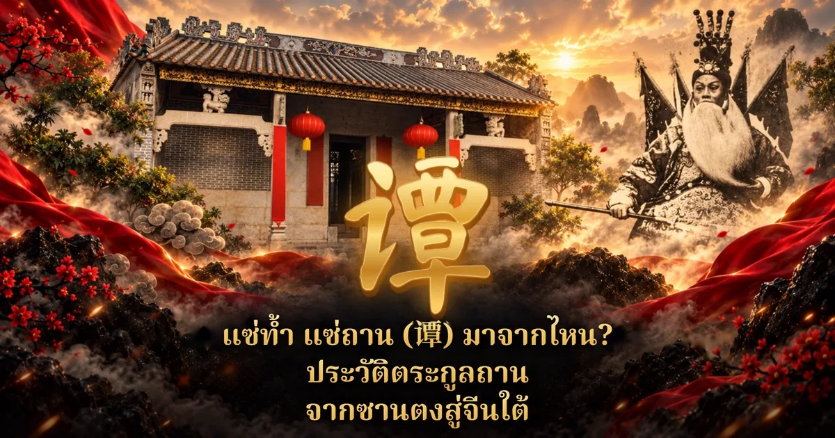 หอบรรพชนจีนหลังคากระเบื้อง โคมแดงสองดวง อักษรทองใหญ่ 谭 ตรงกลาง ด้านขวามีนักแสดงงิ้วเครายาวสีขาว พร้อมข้อความ แซ่ท้ำ แซ่ถาน (谭) มาจากไหน? ประวัติตระกูลถาน จากซานตงสู่จีนใต้