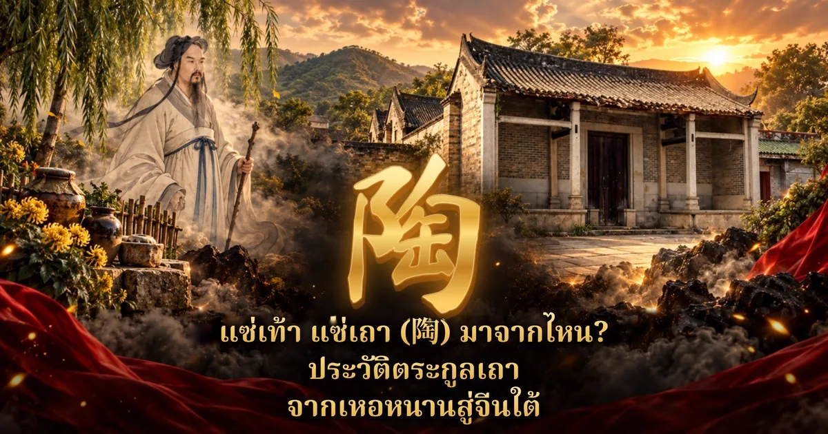 ภาพปกแซ่เท้า แซ่เถา: อักษรทอง 陶 กลางภาพ ด้านซ้ายมีบัณฑิตจีนโบราณถือไม้เท้าใต้ต้นหลิว ข้างไหดินเผาและดอกเบญจมาศ ด้านขวาเป็นศาลบรรพชนอิฐหลังคากระเบื้องท่ามกลางภูเขา มีผ้าแดงด้านล่างและข้อความ แซ่เท้า แซ่เถา (陶) มาจากไหน? ประวัติตระกูลเถา จากเหอหนานสู่จีนใต้