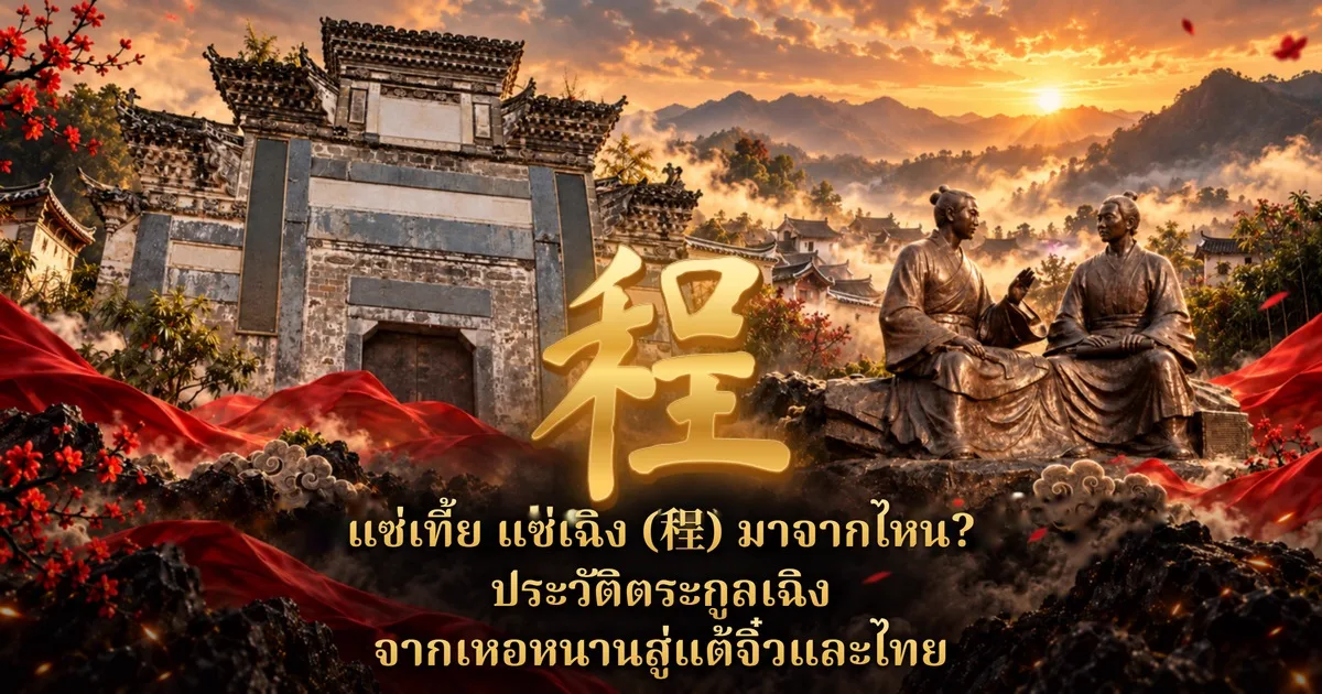 ปกบทความแซ่เที้ย แซ่เฉิง อักษร 程 สีทองตรงกลาง ฉากหลังเป็นซุ้มประตูศาลตระกูลแบบฮุยโจว รูปปั้นสำริดนักปราชญ์สองคนนั่งสนทนา ภูเขาและทะเลหมอกใต้แสงอาทิตย์