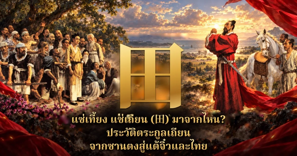 ภาพปกแซ่เที้ยง แซ่เถียน: อักษร 田 สีทองตรงกลาง ชายชุดแดงประสานมือคารวะข้างม้าขาวทางขวา ฝูงชนยืนอยู่ทางซ้าย ฉากหลังเป็นทะเลยามเย็น และชื่อบทความภาษาไทยด้านล่าง