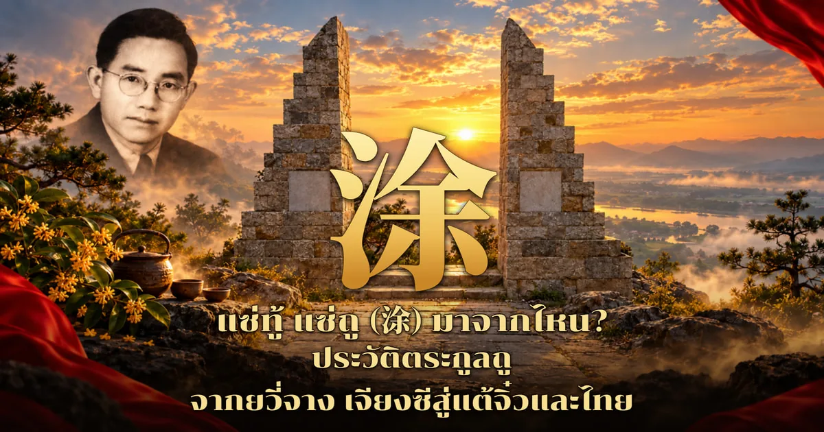 ภาพปกแซ่ทู้ แซ่ถู อักษร 涂 สีทองขนาดใหญ่ ระหว่างเสาหินทรงขั้นบันไดสองต้นบนยอดเขา ด้านซ้ายบนเป็นภาพถ่ายชายสวมแว่นกรอบกลมในชุดสูทโทนขาวดำ มีกาน้ำชาดินเผากับถ้วยชาและดอกไม้สีเหลือง ฉากหลังที่ราบลุ่มแม่น้ำในหมอกยามพระอาทิตย์ตก พร้อมข้อความ แซ่ทู้ แซ่ถู (涂) มาจากไหน? ประวัติตระกูลถู จากยวี่จาง เจียงซีสู่แต้จิ๋วและไทย