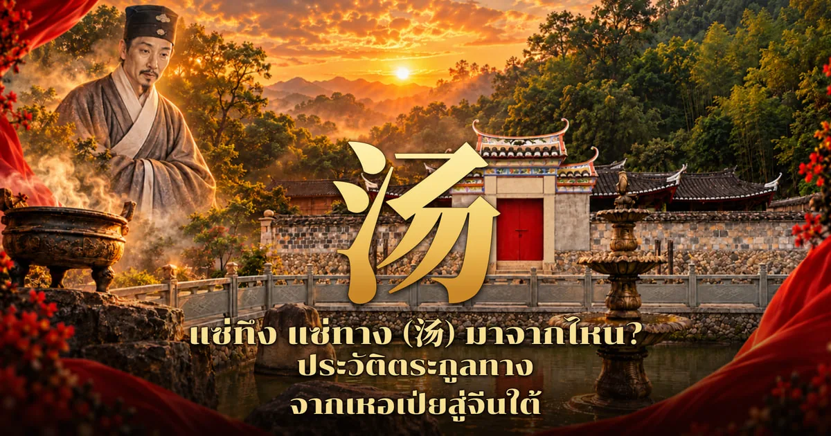 ภาพปกอักษร 汤 สีทองตัวใหญ่ ข้างซ้ายเป็นบัณฑิตจีนสวมหมวกดำชุดคลุมสีเทา กระถางธูปสำริดมีควันลอย ด้านหลังเป็นศาลบรรพชนประตูแดงหลังคางอนหลากสีกับน้ำพุหินและสระน้ำ ฉากภูเขายามพระอาทิตย์ตก พร้อมข้อความ แซ่ทึง แซ่ทาง (汤) มาจากไหน? ประวัติตระกูลทาง จากเหอเป่ยสู่จีนใต้