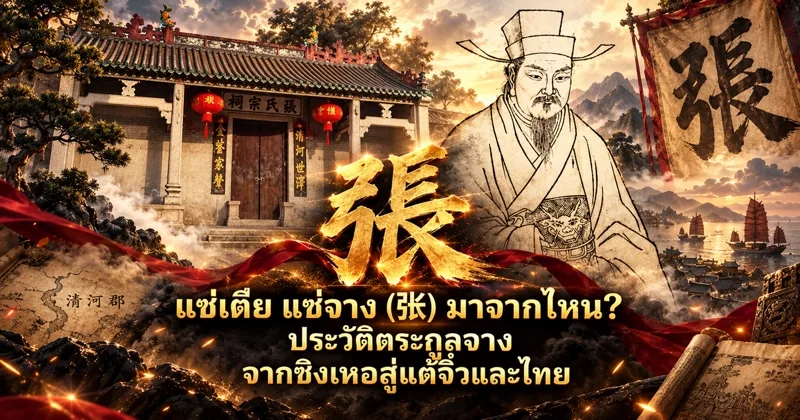 ภาพปกแซ่เตีย แซ่จาง อักษร 張 สีทองกลางภาพ ข้างศาลบรรพชน 張氏宗祠 ที่มีกลอนคู่ ภาพลายเส้นจางจิ่วหลิง ธงอักษร 張 แผนที่ชิงเหอ และเรือสำเภา พร้อมข้อความภาษาไทยแซ่เตีย แซ่จาง (张) มาจากไหน