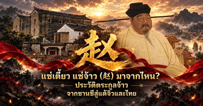 ภาพปกแซ่เตี้ยว แซ่จ้าว อักษร 赵 สีทองตัวใหญ่ ข้างภาพวาดจักรพรรดิซ่งไท่จู่ จ้าวควงอิ้นในชุดขาว ฉากหลังเป็นอาคารป้อมแบบจ้าวเจียเป่า ภูเขา และฟ้ายามอาทิตย์ตก