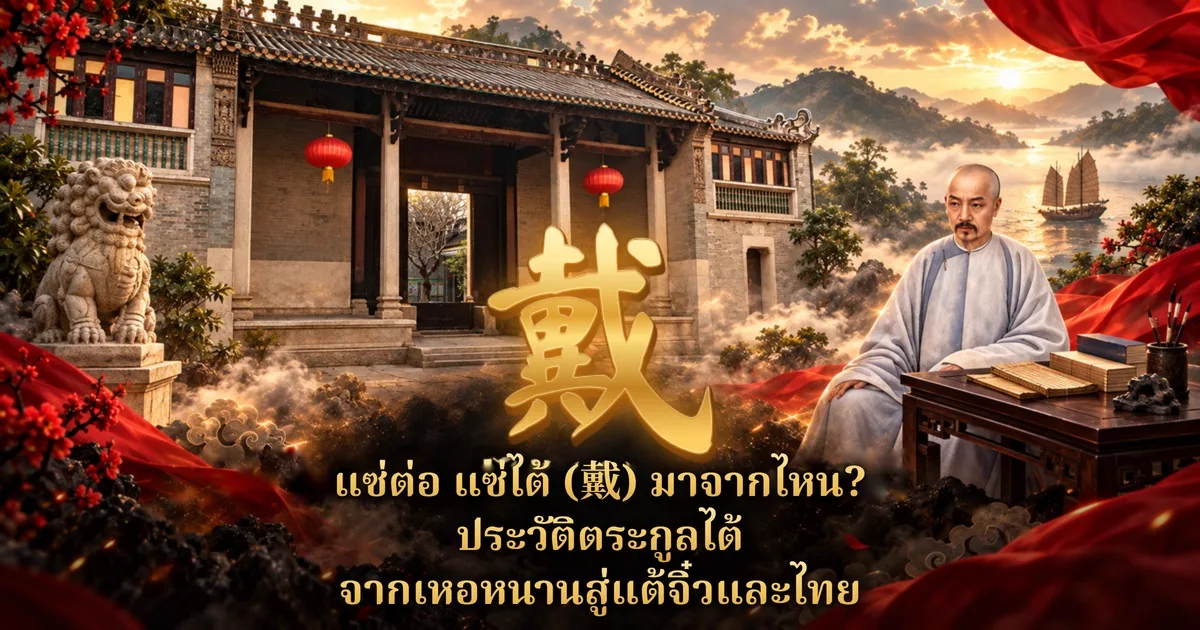 ภาพปกวาดประกอบ ศาลบรรพชนจีนผนังอิฐเทาแขวนโคมแดงสองดวง สิงโตหินทางซ้าย ชายในชุดคลุมสีขาวนั่งข้างโต๊ะที่มีตำราทางขวา ฉากหลังเป็นภูเขาและเรือสำเภายามอาทิตย์ตก อักษรจีนสีทอง 戴 ตรงกลาง และข้อความ แซ่ต่อ แซ่ไต้ (戴) มาจากไหน? ประวัติตระกูลไต้ จากเหอหนานสู่แต้จิ๋วและไทย