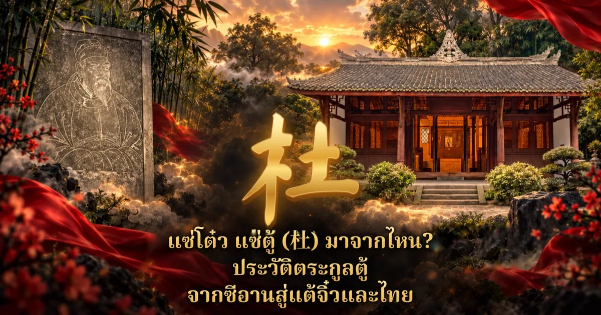 ภาพปกแซ่โต๋ว แซ่ตู้ อักษร 杜 สีทองขนาดใหญ่กลางภาพ ใต้อักษรเป็นชื่อเรื่องภาษาไทย ด้านซ้ายเป็นแผ่นศิลาสลักภาพบุรุษโบราณท่ามกลางกอไผ่ ด้านขวาเป็นอาคารศาลแบบจีนหลังคากระเบื้องยามอาทิตย์ตก มีผ้าแพรสีแดงและดอกไม้สีแดง