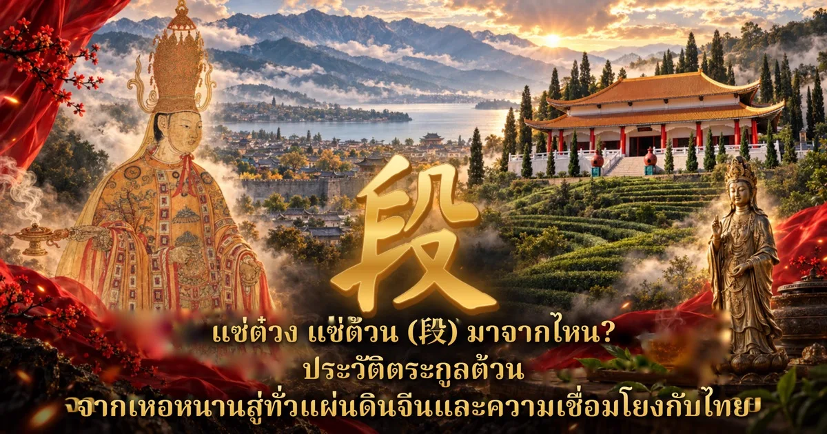 ภาพปกแซ่ต๋วง แซ่ต้วน อักษรจีน 段 สีทองกลางภาพเหนือชื่อบทความภาษาไทย ด้านซ้ายภาพวาดกษัตริย์ต้าหลี่ทรงมงกุฎสูงแบบภาพม้วนโบราณ ด้านขวาพระกวนอิมสำริดและถ้วยชา ฉากหลังทะเลสาบ เมืองเก่า เทือกเขา และอาคารหลังคาทองบนไร่ชา