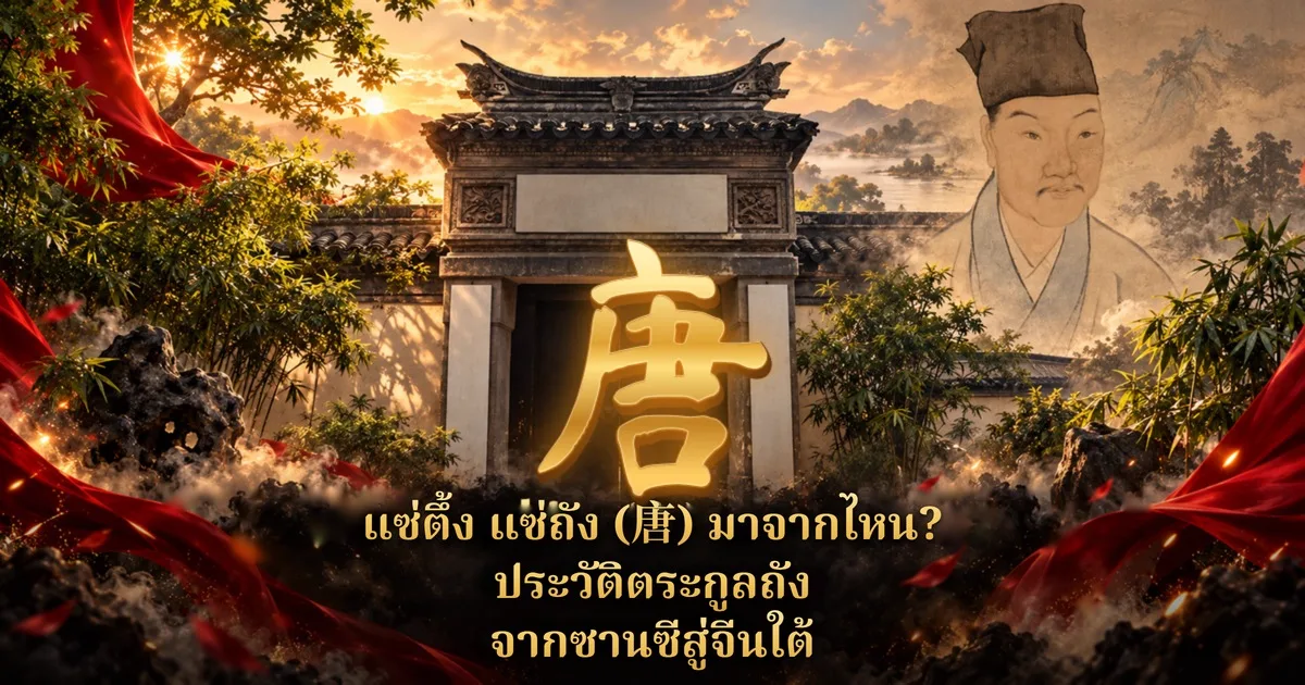 ซุ้มประตูศาลบรรพชนจีนโบราณ อักษร 唐 สีทองใหญ่ตรงกลาง ภาพวาดชายแต่งกายแบบบัณฑิตจีนจาง ๆ ทางขวา ผ้าแดงพลิ้วสองข้าง พร้อมข้อความ แซ่ตึ้ง แซ่ถัง (唐) มาจากไหน? ประวัติตระกูลถัง จากซานซีสู่จีนใต้