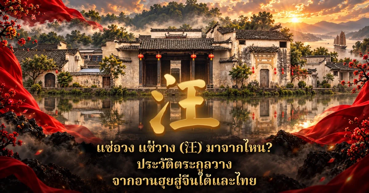 ภาพปกแซ่วาง: อักษรทอง 汪 ตรงกลางหน้าบ้านโบราณแบบฮุยโจวริมสระน้ำ มีผ้าแดง ดอกไม้สีแดง โคมแดง และเรือสำเภาด้านขวา พร้อมข้อความ แซ่อวง แซ่วาง (汪) มาจากไหน? ประวัติตระกูลวาง จากอานฮุยสู่จีนใต้และไทย