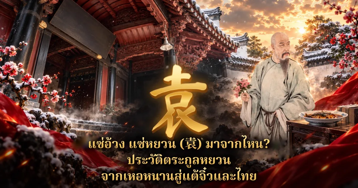 อักษร 袁 สีทองกลางภาพ หน้าหอบรรพชนจีนสีแดงท่ามกลางหิมะและกิ่งดอกเหมย ด้านขวามีชายชราศีรษะล้านเคราสีเทาถือช่อดอกไม้ยืนข้างโต๊ะที่วางจานปลา พร้อมข้อความ แซ่อ้วง แซ่หยวน (袁) มาจากไหน? ประวัติตระกูลหยวน จากเหอหนานสู่แต้จิ๋วและไทย