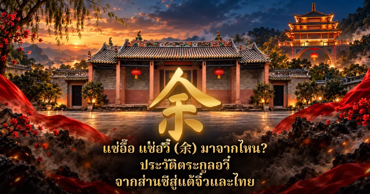หอบรรพชนจีนหลังคากระเบื้องประดับโคมแดงยามอาทิตย์ตก มีหอสูงหลายชั้นอยู่ด้านหลัง ตัวอักษรทอง 余 กลางภาพ และข้อความ แซ่อื๊อ แซ่อวี๋ (余) มาจากไหน? ประวัติตระกูลอวี๋ จากส่านซีสู่แต้จิ๋วและไทย