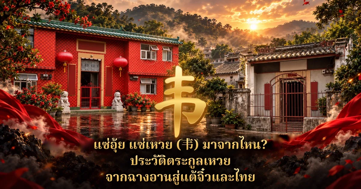 หอบรรพชนสีแดงหลังคากระเบื้องเขียว มีโคมแดงและสิงโตหินหน้าประตู ข้างบ้านเก่าผนังขาวในหมู่บ้านจีนยามอาทิตย์ตก อักษร 韦 สีทองขนาดใหญ่ตรงกลาง และข้อความไทย แซ่อุ้ย แซ่เหวย (韦) มาจากไหน? ประวัติตระกูลเหวย จากฉางอานสู่แต้จิ๋วและไทย