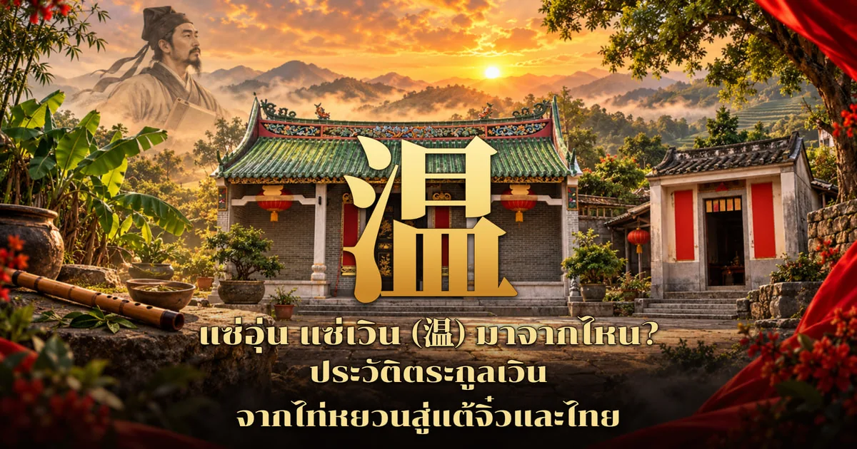 ภาพปกอักษร 温 สีทองตัวใหญ่ หน้าศาลบรรพชนหลังคากระเบื้องเขียวโคมแดงและศาลเล็กประตูแดงด้านขวา มุมซ้ายบนเป็นบัณฑิตจีนสวมหมวกดำ ข้างซ้ายมีขลุ่ยไม้ไผ่และกอกล้วย ฉากภูเขายามพระอาทิตย์ตก พร้อมข้อความ แซ่อุ่น แซ่เวิน (温) มาจากไหน? ประวัติตระกูลเวิน จากไท่หยวนสู่แต้จิ๋วและไทย