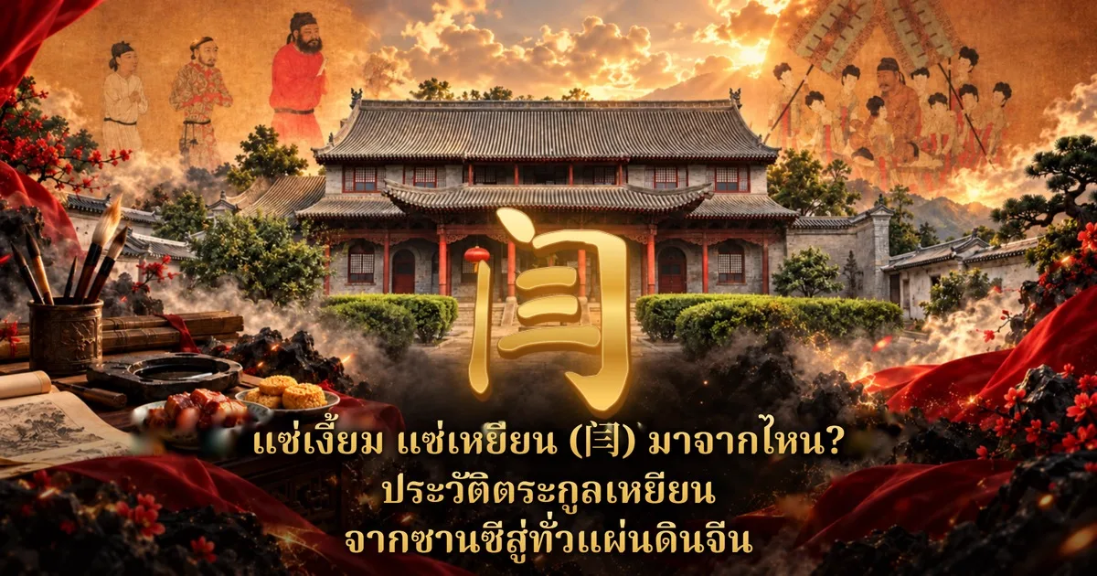 ภาพปกแซ่เงี้ยม แซ่เหยียน อักษร 闫 สีทองกลางภาพ หน้าอาคารอิฐเทาสองชั้นแบบจีนภาคเหนือ มุมบนเป็นภาพวาดแนวสมัยถังรูปขุนนางและจักรพรรดิบนเกี้ยว ซ้ายล่างมีพู่กัน แท่นฝนหมึก ภาพม้วน และจานหมูกับขนมทอด พร้อมข้อความหัวเรื่องภาษาไทย