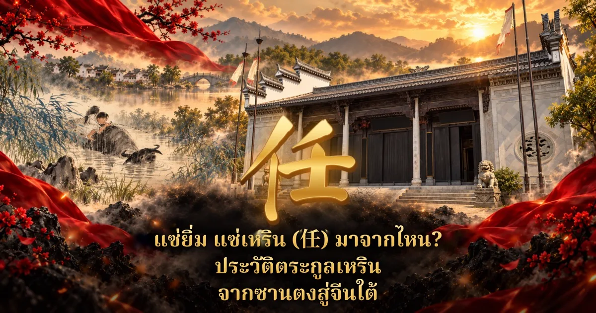 ศาลบรรพชนจีนหลังคากระเบื้องหน้าภูเขายามพระอาทิตย์ตก ฝั่งซ้ายมีเด็กเกาะหลังควายในหนองน้ำ อักษรทองตัวใหญ่ 任 กลางภาพ และข้อความ แซ่ยิ่ม แซ่เหริน (任) มาจากไหน? ประวัติตระกูลเหริน จากซานตงสู่จีนใต้