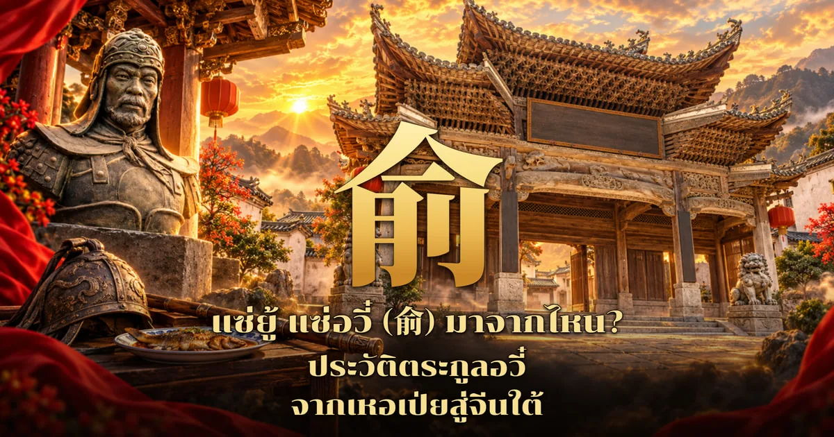 ภาพปกแซ่ยู้ อักษร 俞 สีทองขนาดใหญ่ ข้างรูปปั้นครึ่งตัวแม่ทัพสวมหมวกเกราะ หมวกเกราะโบราณ จานปลา และซุ้มประตูศาลบรรพชนไม้หลังคาซ้อนชั้นยามพระอาทิตย์ตก พร้อมข้อความ แซ่ยู้ แซ่อวี๋ (俞) มาจากไหน? ประวัติตระกูลอวี๋ จากเหอเป่ยสู่จีนใต้