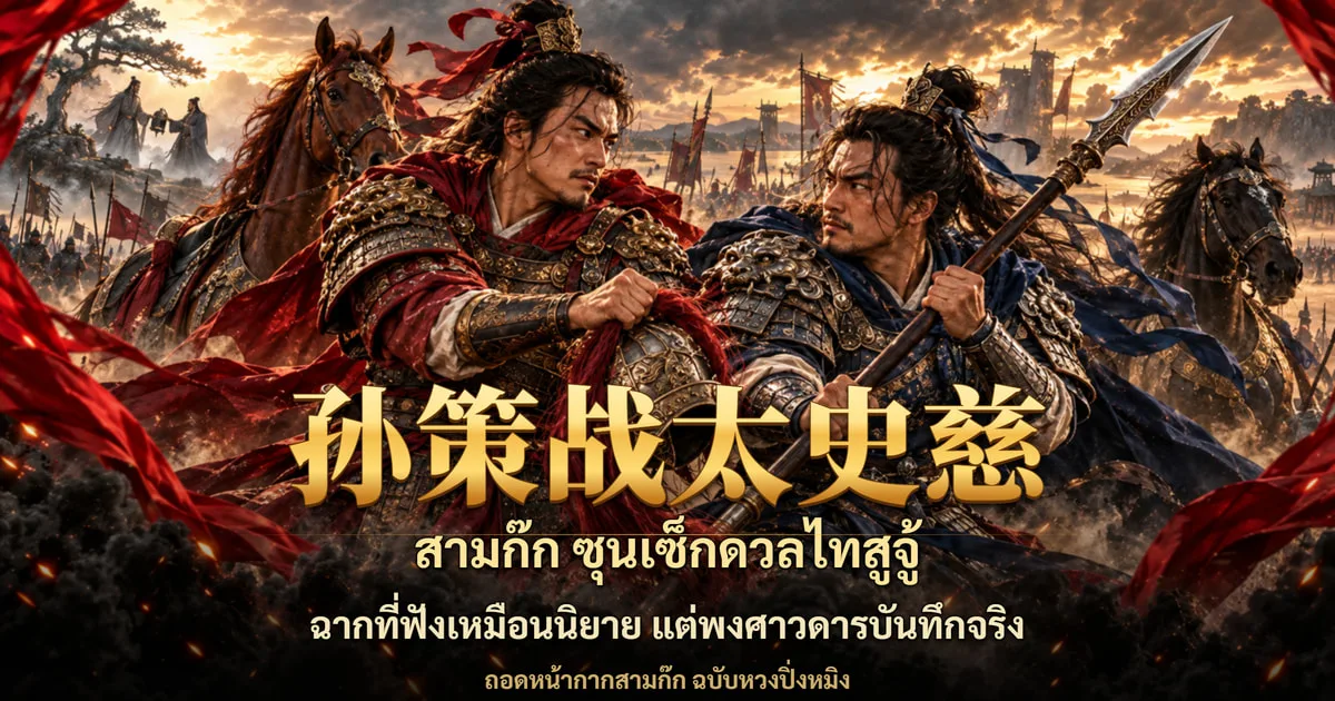 ภาพปกสามก๊ก ขุนพลสองคนในชุดเกราะแดงและน้ำเงินประชิดตัวกัน คนหนึ่งจับหมวกนักรบ อีกคนถือทวน ฉากหลังเป็นม้าศึกและกองทัพ พร้อมอักษร 孙策战太史慈 และข้อความ สามก๊ก ซุนเซ็กดวลไทสูจู้ ฉากที่ฟังเหมือนนิยาย แต่พงศาวดารบันทึกจริง