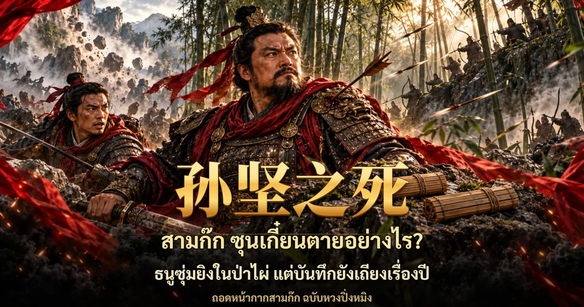 ภาพปกสามก๊ก ขุนพลชุดเกราะแดงถูกลูกธนูปักไหล่ กลางดงไผ่ที่มีทหารถือธนูซุ่มอยู่บนเนินและก้อนหินร่วงจากหน้าผา พร้อมอักษร 孙坚之死 และข้อความ สามก๊ก ซุนเกี๋ยนตายอย่างไร? ธนูซุ่มยิงในป่าไผ่ แต่บันทึกยังเถียงเรื่องปี