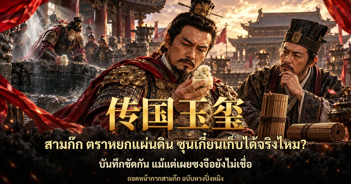 ภาพปกสามก๊ก ขุนพลชุดเกราะทองถือตราหยกสีขาวมีรูปสัตว์บนยอด ด้านหลังทหารยกตราขึ้นจากบ่อน้ำ ข้างขวามีบัณฑิตเท้าคางมองอยู่ข้างม้วนไม้ไผ่ พร้อมอักษร 传国玉玺 และข้อความ สามก๊ก ตราหยกแผ่นดิน ซุนเกี๋ยนเก็บได้จริงไหม? บันทึกขัดกัน แม้แต่เผยซงจือยังไม่เชื่อ
