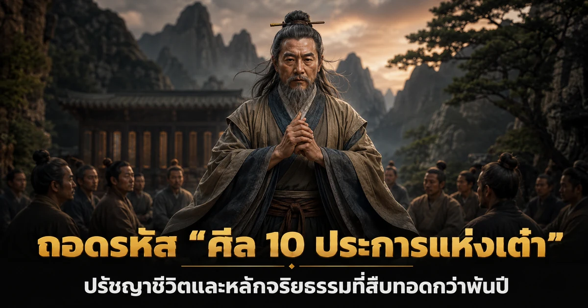 นักพรตเต๋าในชุดจีวรกำลังทำสมาธิที่ศาลเจ้าโบราณ