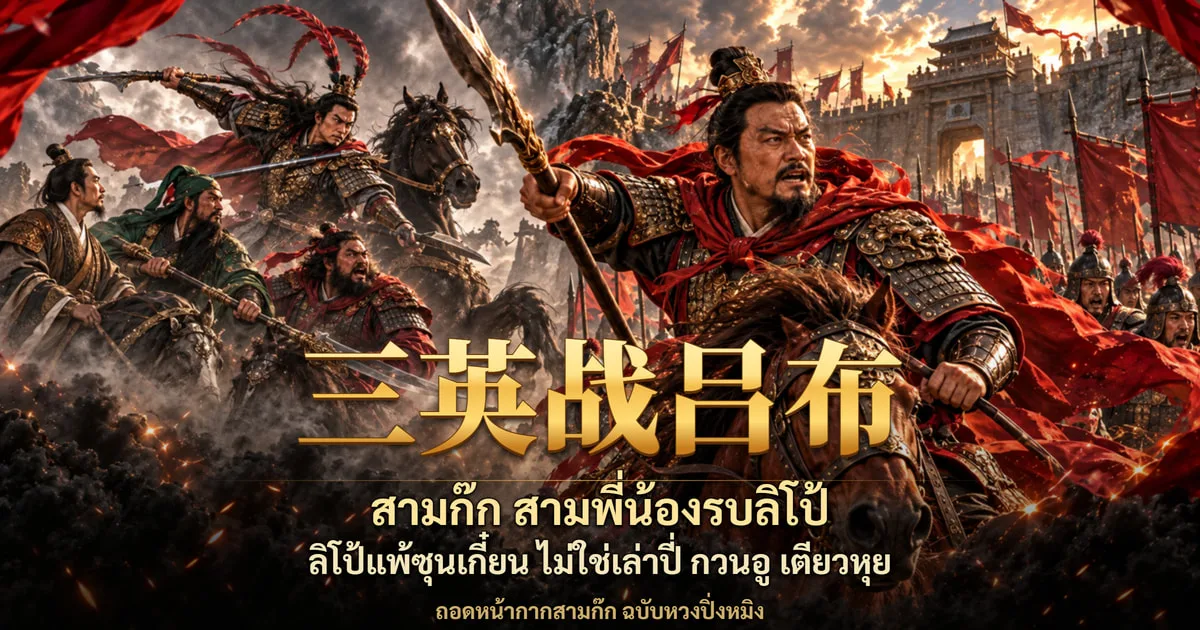 ภาพปกสามก๊ก เล่าปี่ กวนอู เตียวหุย ขี่ม้ารุมรบขุนพลชุดเกราะหน้ากำแพงด่าน พร้อมอักษร 三英战吕布 และข้อความ สามพี่น้องรบลิโป้ ลิโป้แพ้ซุนเกี๋ยน ไม่ใช่เล่าปี่ กวนอู เตียวหุย