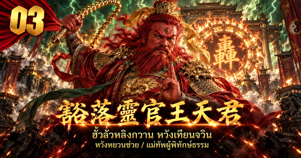 ภาพประกอบหวังหลิงกวน 豁落灵官王天君 หน้าแดง ยกแส้ทอง ด้านหลังเป็นกงล้อไฟอักษร 轰