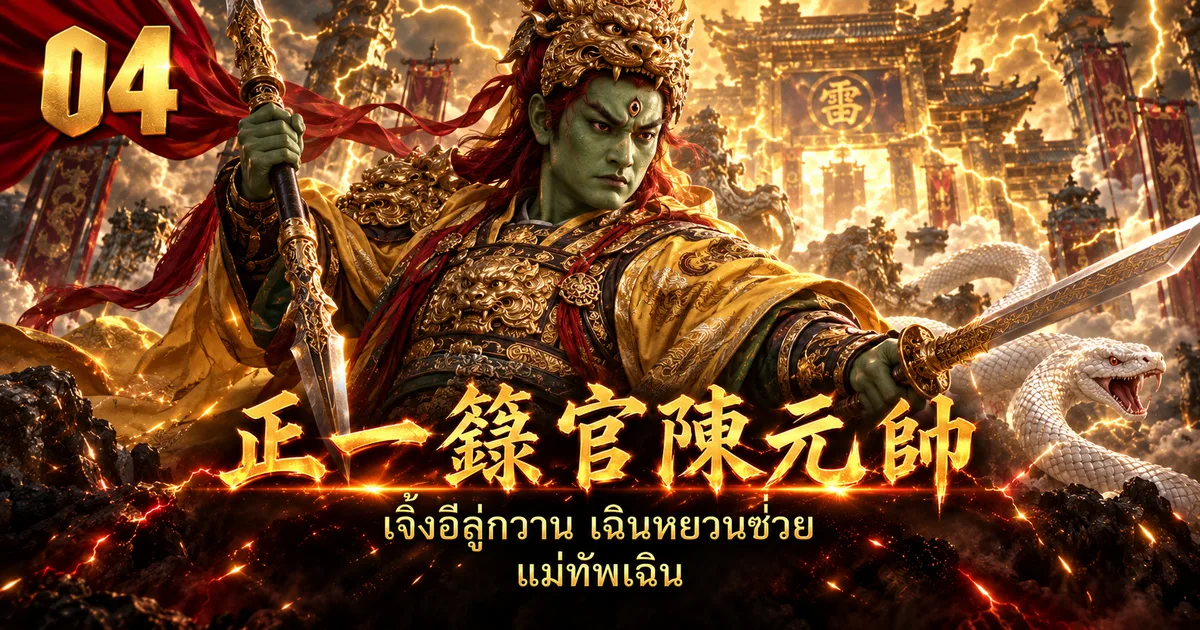 ภาพประกอบจอมพลเฉิน 正一箓官陈元帅 หน้าเขียว สามตา หมวกเกราะหัวสิงโต ถือทวนและกระบี่ มีงูขาว