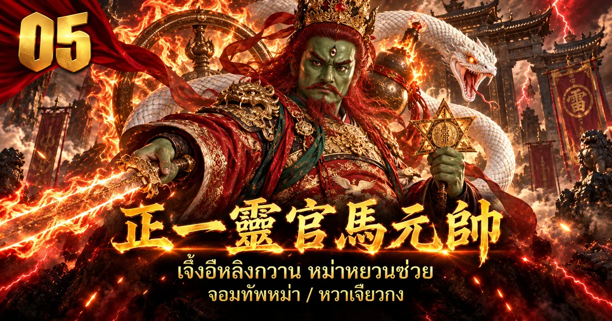 ภาพประกอบจอมพลหม่า 正一灵官马元帅 หน้าเขียว สามตา ถือกระบี่ไฟและตราดาว มีงูขาวและน้ำเต้าไฟ