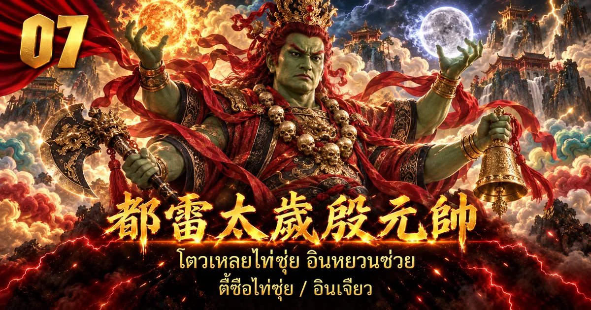 ภาพประกอบจอมพลอิน 都雷太岁殷元帅 หน้าเขียว ผมแดง สี่กร ชูดวงอาทิตย์และดวงจันทร์ ถือขวานศึกกับระฆังทอง ห้อยสร้อยกะโหลก