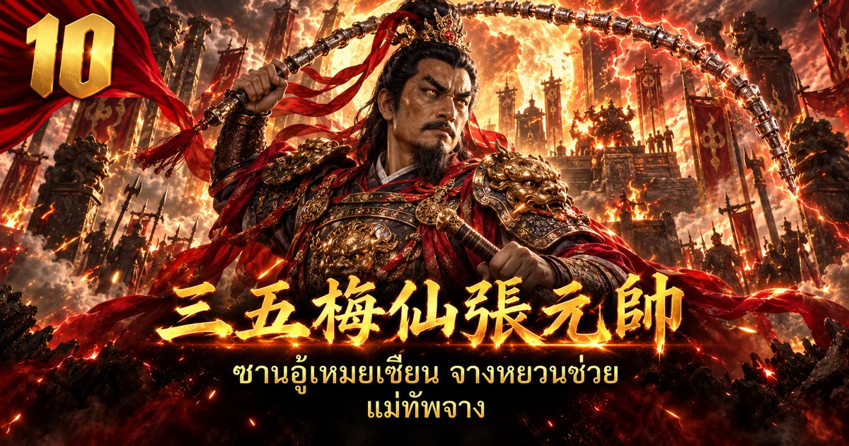 ภาพประกอบแม่ทัพจาง 三五梅仙张元帅 ตาสีทองเรืองไฟ มือหนึ่งชูแส้ข้อเหล็ก อีกมือจับด้ามกระบี่ เบื้องหลังเป็นกองทัพและเปลวไฟ