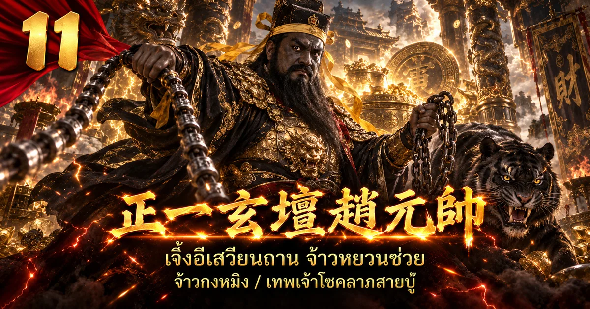 ภาพประกอบจอมพลจ้าว 正一玄坛赵元帅 หน้าดำ เคราดำยาว สวมหมวกเหล็กคาดผ้าเหลือง มือหนึ่งถือแส้เหล็ก อีกมือถือโซ่เหล็ก มีเสือดำอยู่ข้างกาย