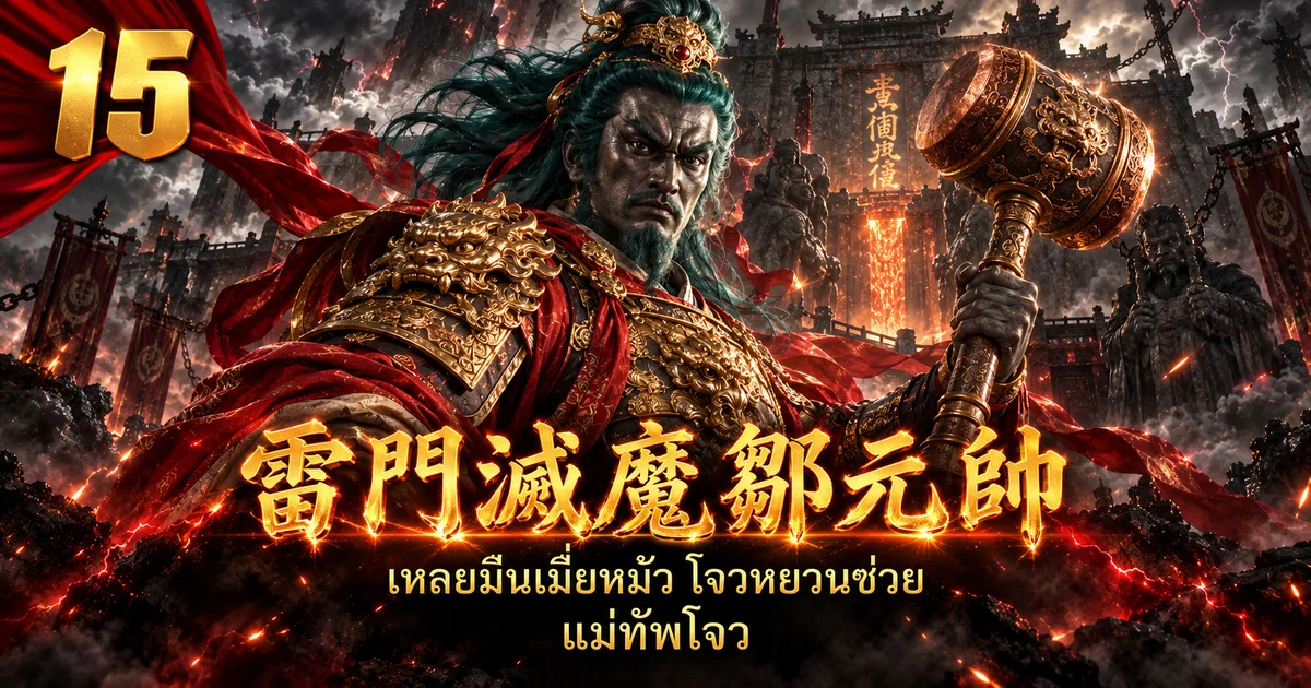 ภาพประกอบจอมพลโจว 雷门灭魔邹元帅 หน้าสีเหล็ก ผมสีเขียวยาว สวมเกราะทอง มือถือค้อนทองแดง ยืนหน้าเมืองมืดแบบเฟิงตู