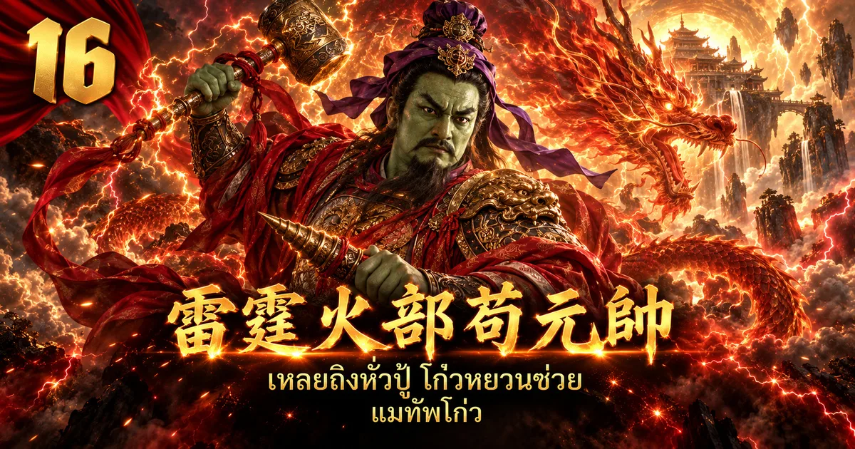 ภาพประกอบจอมพลโก่ว 雷霆火部苟元帅 หน้าเขียว โพกผ้าสีม่วง ถือค้อนและสว่านอัสนี มีมังกรไฟอยู่เบื้องหลัง
