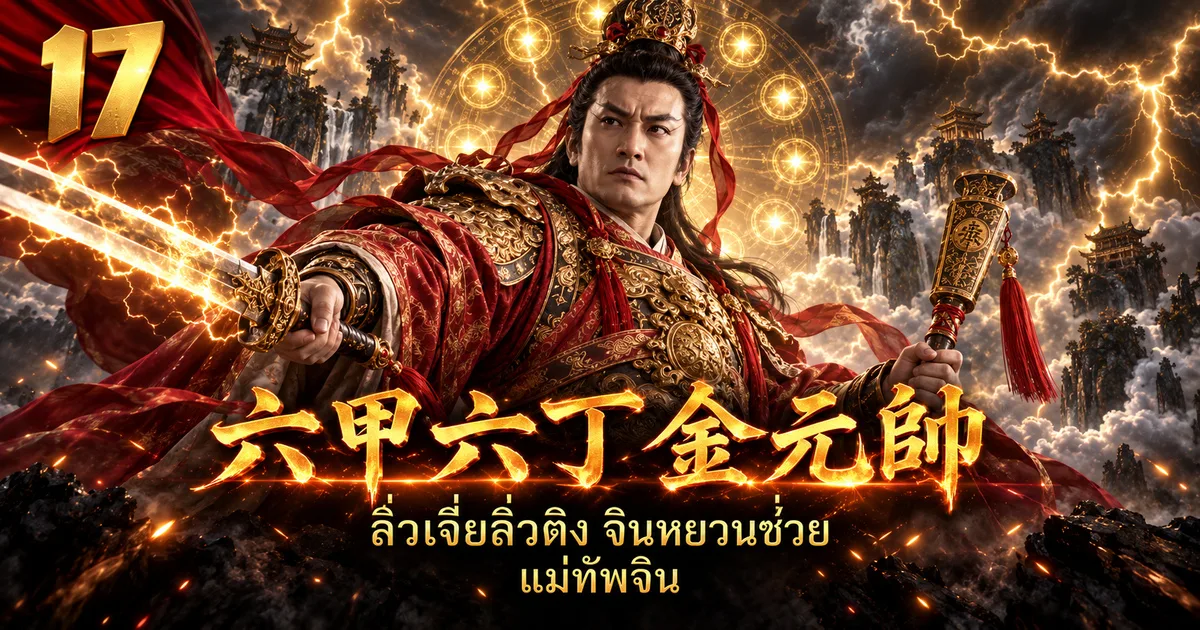 ภาพประกอบจอมพลจิน 六甲六丁金元帅 สวมมงกุฎทอง เกราะทองและเสื้อแดง ถือกระบี่และคทาทอง มีวงแสงทองอยู่เบื้องหลัง