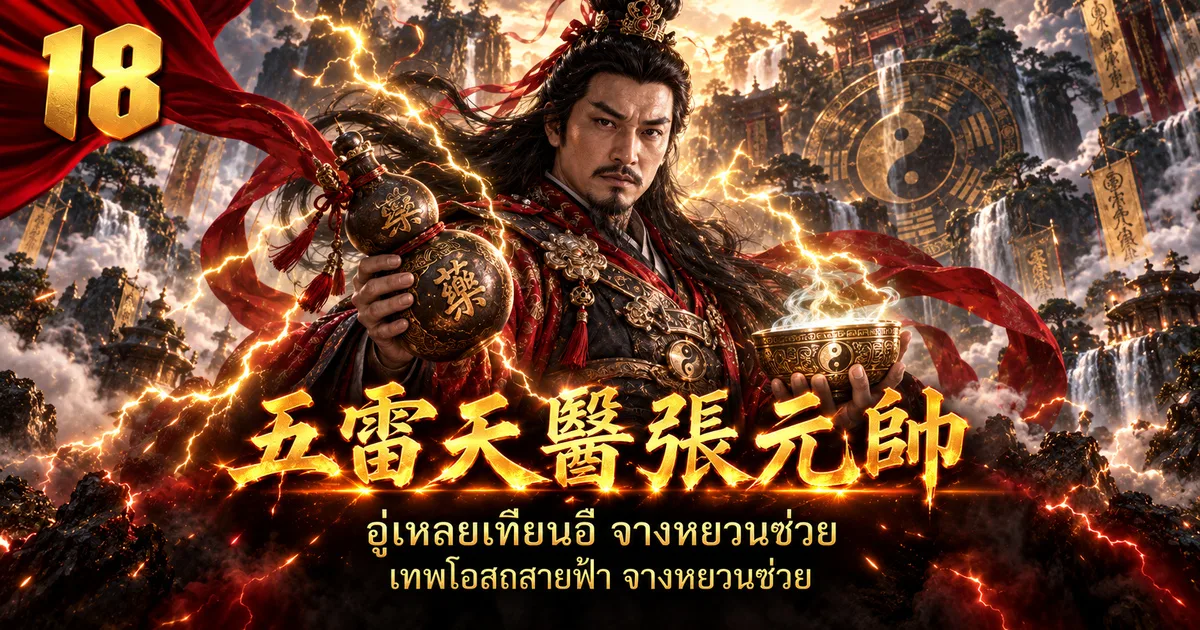 ภาพประกอบจอมพลจางแพทย์สวรรค์ 五雷天医张元帅 ถือน้ำเต้ายาและชามน้ำมนต์ มีวงหยินหยางแปดทิศอยู่เบื้องหลัง