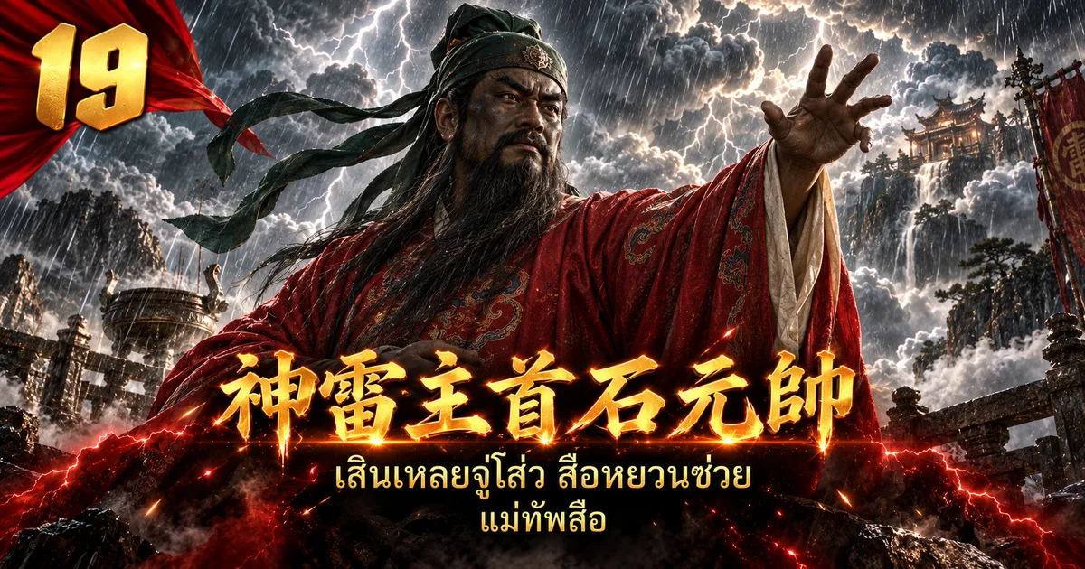 ภาพประกอบจอมพลสือ 神雷主首石元帅 หน้าดำ เคราดำยาว โพกผ้าสีเขียวชายยาว สวมเสื้อคลุมแดง ยกมือท่ามกลางพายุฝนและสายฟ้า