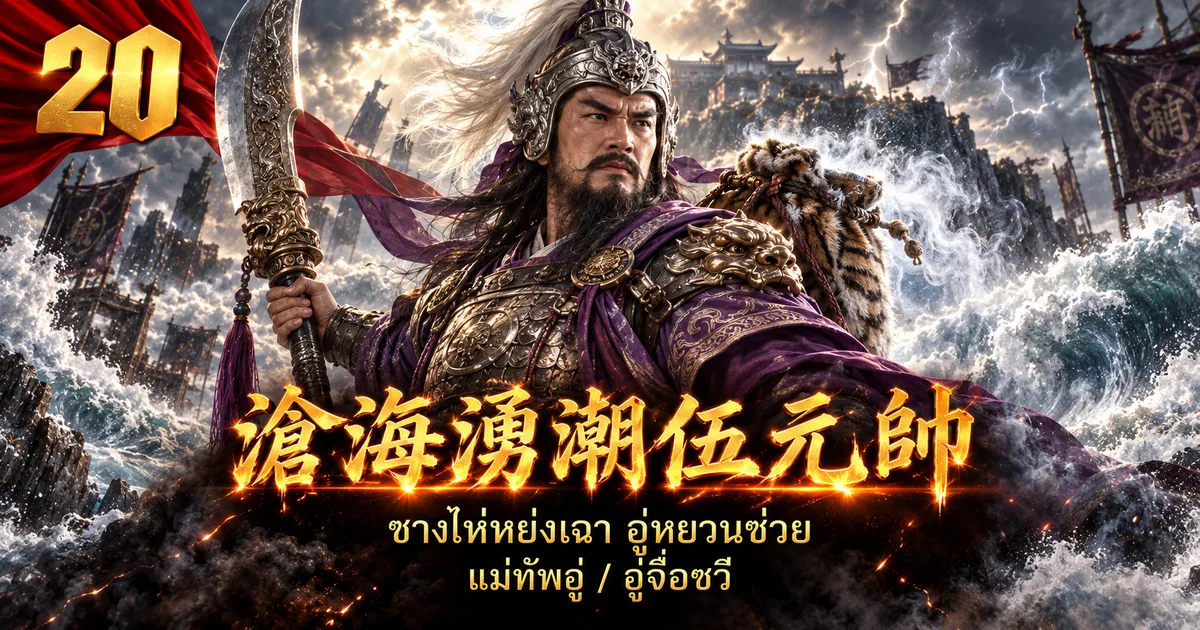 ภาพประกอบจอมพลอู่ 沧海涌潮伍元帅 สวมหมวกเกราะเงิน เสื้อคลุมม่วง ถือง้าวใหญ่ สะพายถุงหนังเสือที่มีไอเย็นพวยพุ่ง ท่ามกลางคลื่นยักษ์