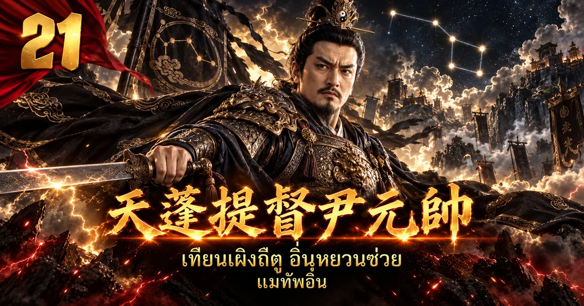 ภาพประกอบจอมพลอิ่น 天蓬提督尹元帅 สวมเกราะดำทองและผ้าคลุมดำ ถือกระบี่ มีธงดำและกลุ่มดาวเป่ยโต่วอยู่เบื้องหลัง