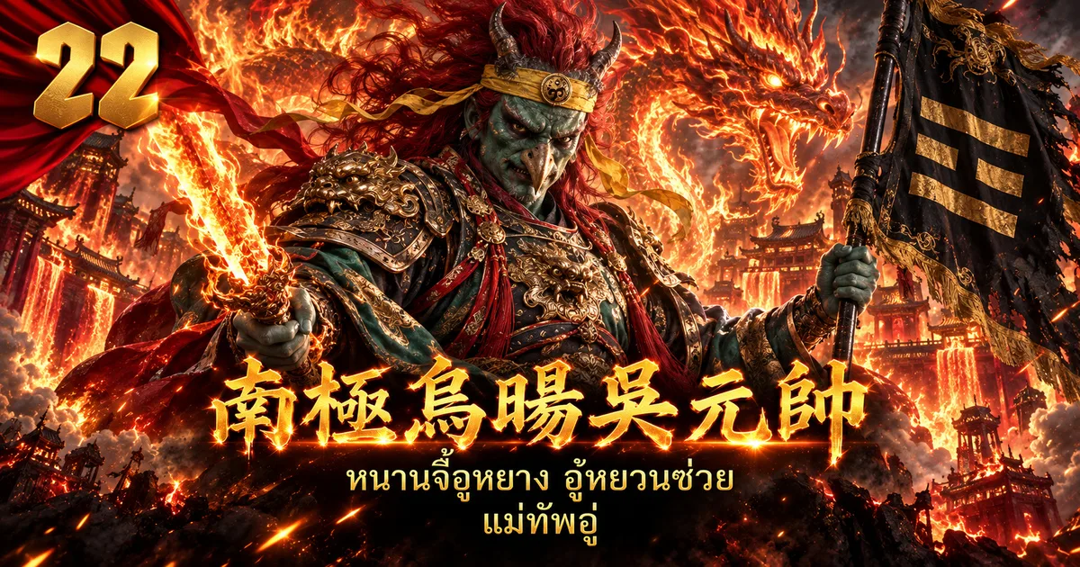 ภาพประกอบจอมพลอู๋ 南极乌旸吴元帅 หน้าเขียว ผมแดง มีเขา คาดผ้าเหลือง ถือกระบี่ไฟและธงดำที่มีอักษรภาพ ☲ มีมังกรไฟอยู่เบื้องหลัง
