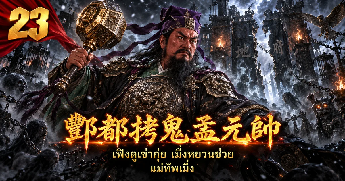 ภาพประกอบแม่ทัพเมิ่ง 酆都拷鬼孟元帅 โพกผ้าสีม่วง ถือค้อนแปดเหลี่ยมสีทอง ท่ามกลางคุกยมโลก
